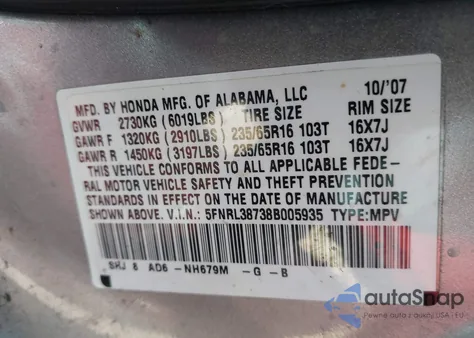 2008 Honda Odyssey Ex-L from USA, damaged, VIN 5FNRL38738B005935